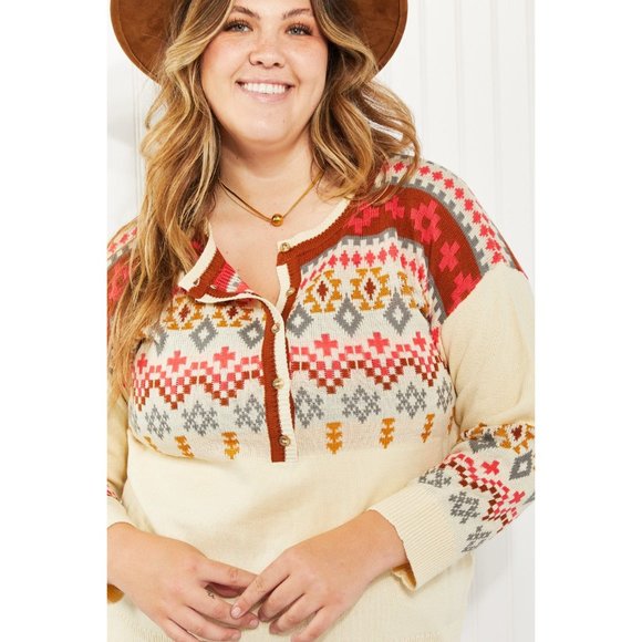 Andree by Unit Full Size Geometric Half-Button Henley Sweater - Picture 9 of 9